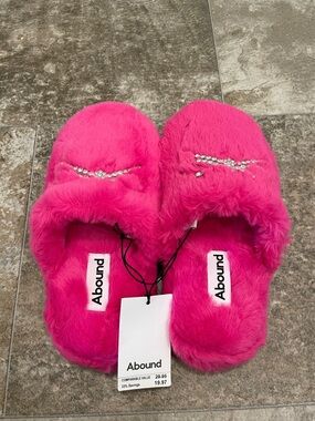 Abound Hot Pink Faux-Fur Slip-On Slippers with Rhinestone Accent
